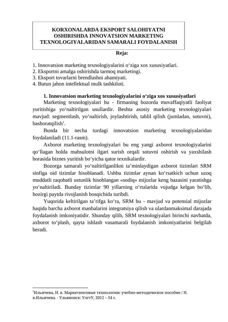 KORXONALARDA EKSPORT SALOHIYATNI OSHIRISHDA INNOVATSION MARKETING TEXNOLOGIYALARIDAN SAMARALI FOYDALANISH