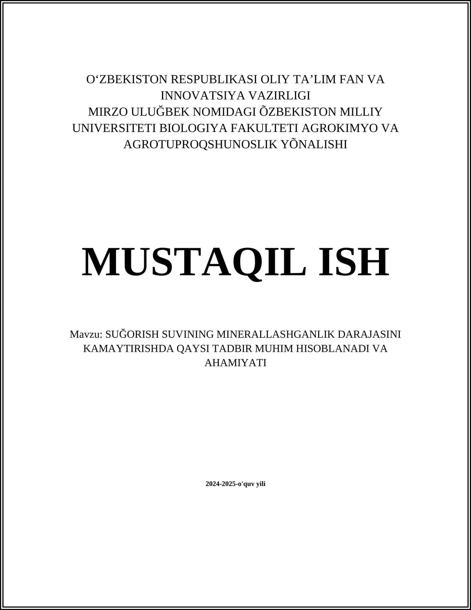 SUĞORISH SUVINING MINERALLASHGANLIK DARAJASINI KAMAYTIRISHDA QAYSI TADBIR MUHIM HISOBLANADI VA AHAMIYATI