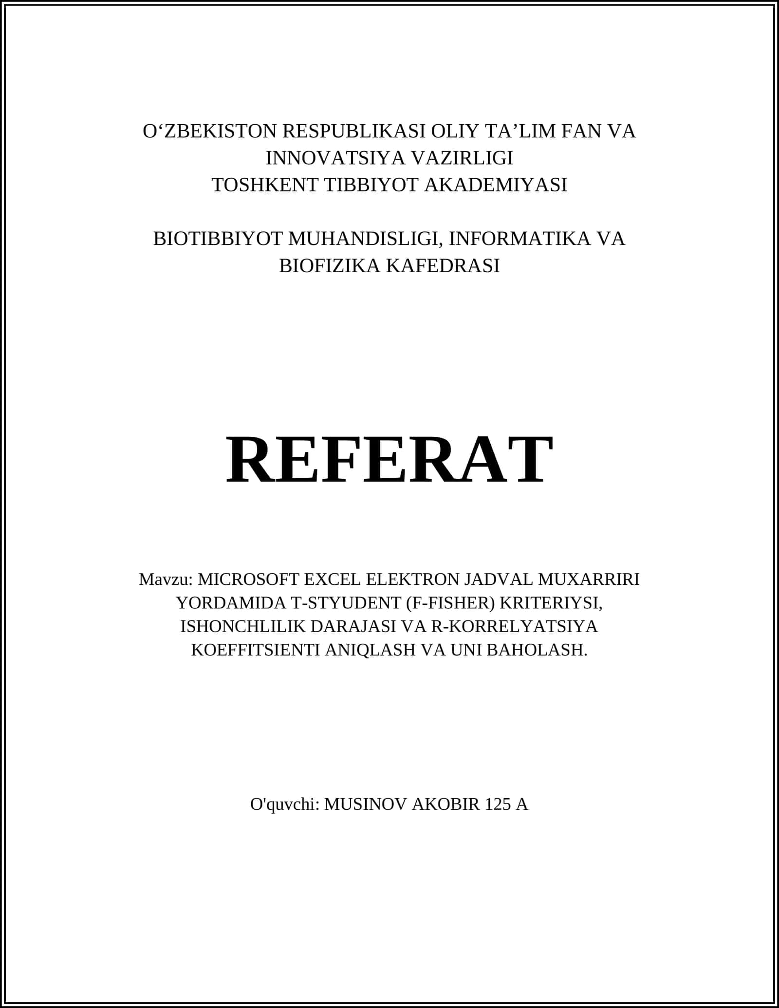 MICROSOFT EXCEL ELEKTRON JADVAL MUXARRIRI YORDAMIDA T-STYUDENT (F-FISHER) KRITERIYSI