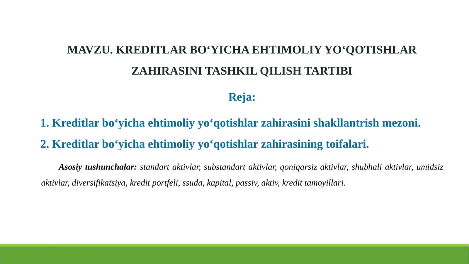 KREDITLAR BOʻYICHA EHTIMOLIYYOʻ QOTISHLAR ZAHIRASINI TASHKIL QILISH TARTIBI