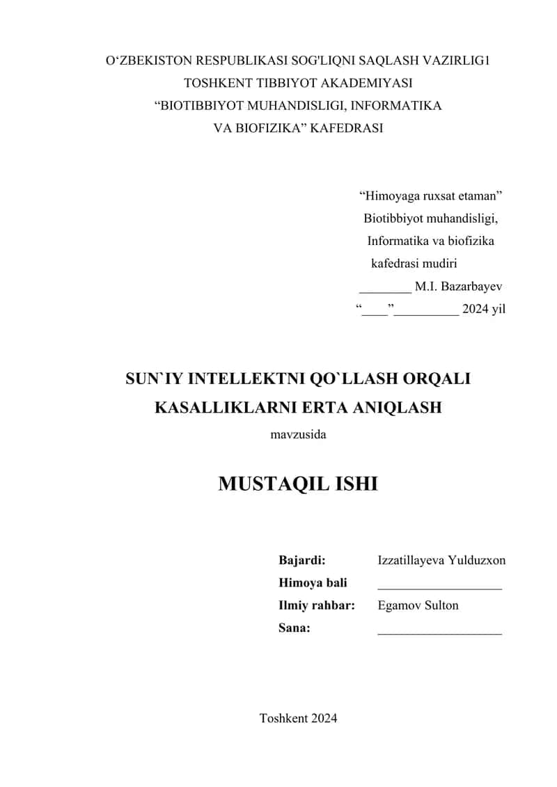 Sun'iy intellektni qo’llash orqali kasalliklarni erta aniqlash