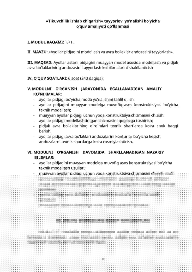 Ayollar pidjagini modellash va avra bo’laklar andozasini tayyorlash