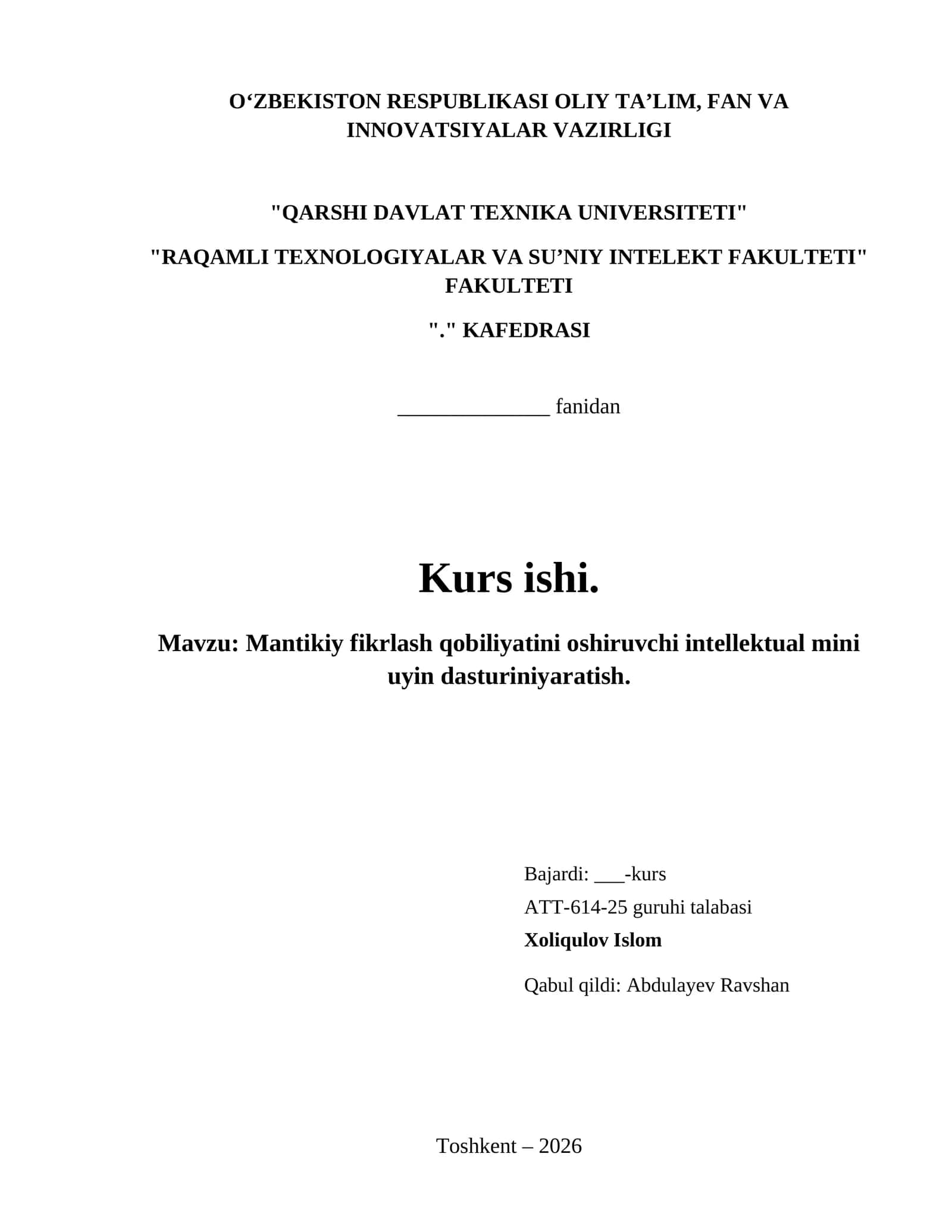 Mantikiy fikrlash qobiliyatini oshiruvchi intellektual mini uyin dasturiniyaratish.