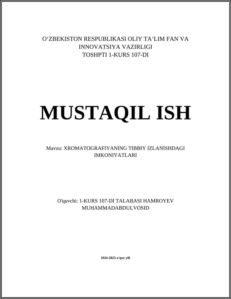 XROMATOGRAFIYANING TIBBIY IZLANISHDAGI IMKONIYATLARI
