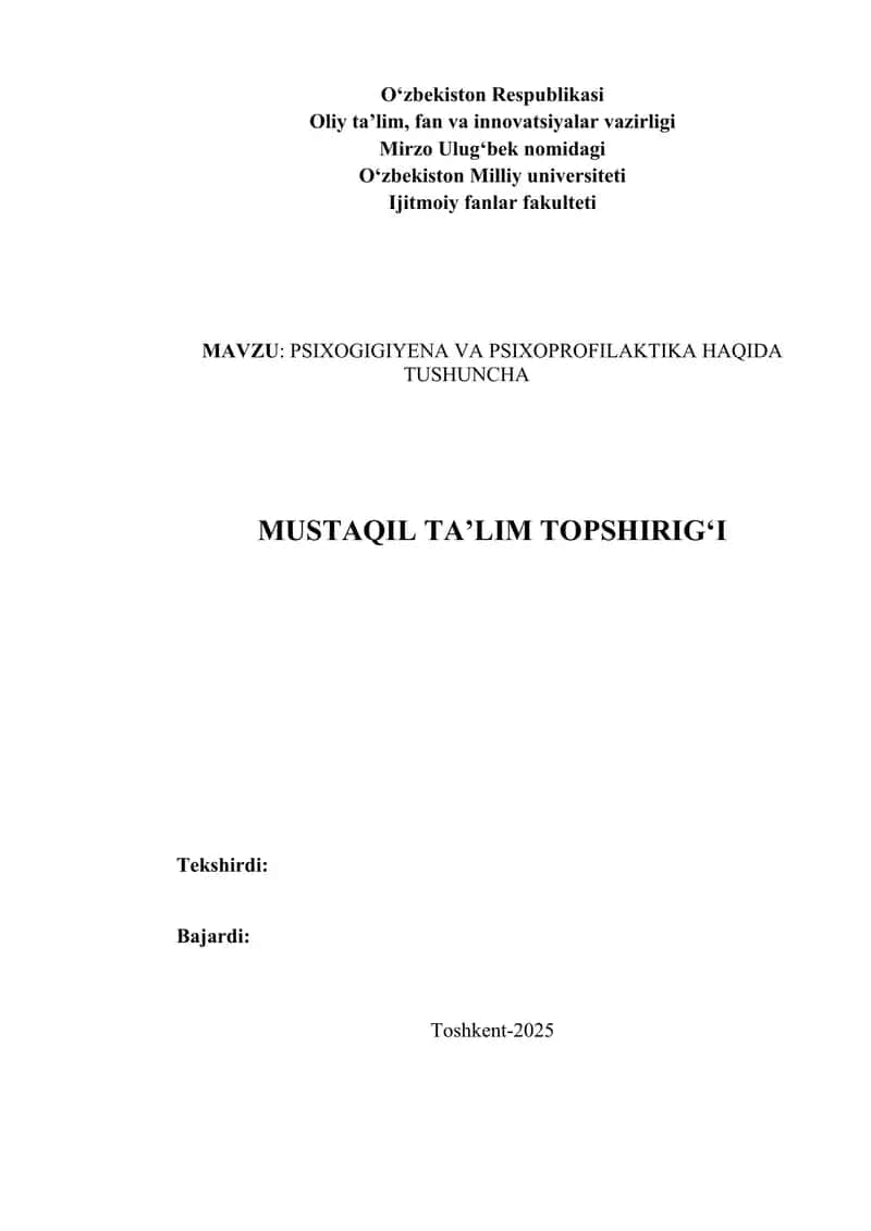 PSIXOGIGIYENA VA PSIXOPROFILAKTIKA HAQIDA TUSHUNCHA