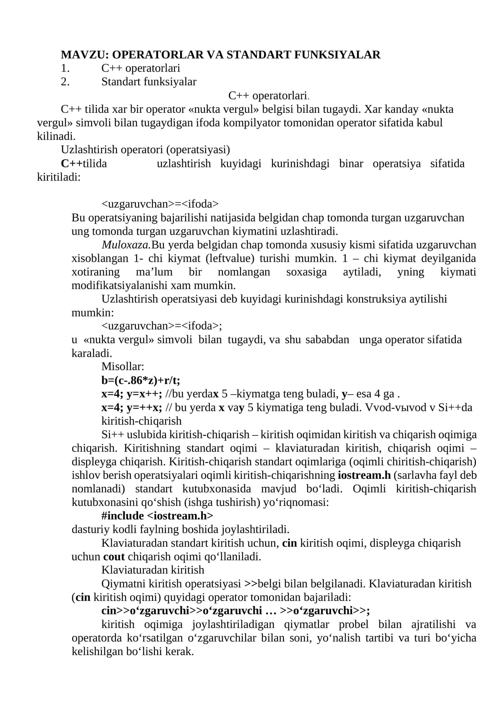 OPERATORLAR VA STANDART FUNKSIYALAR