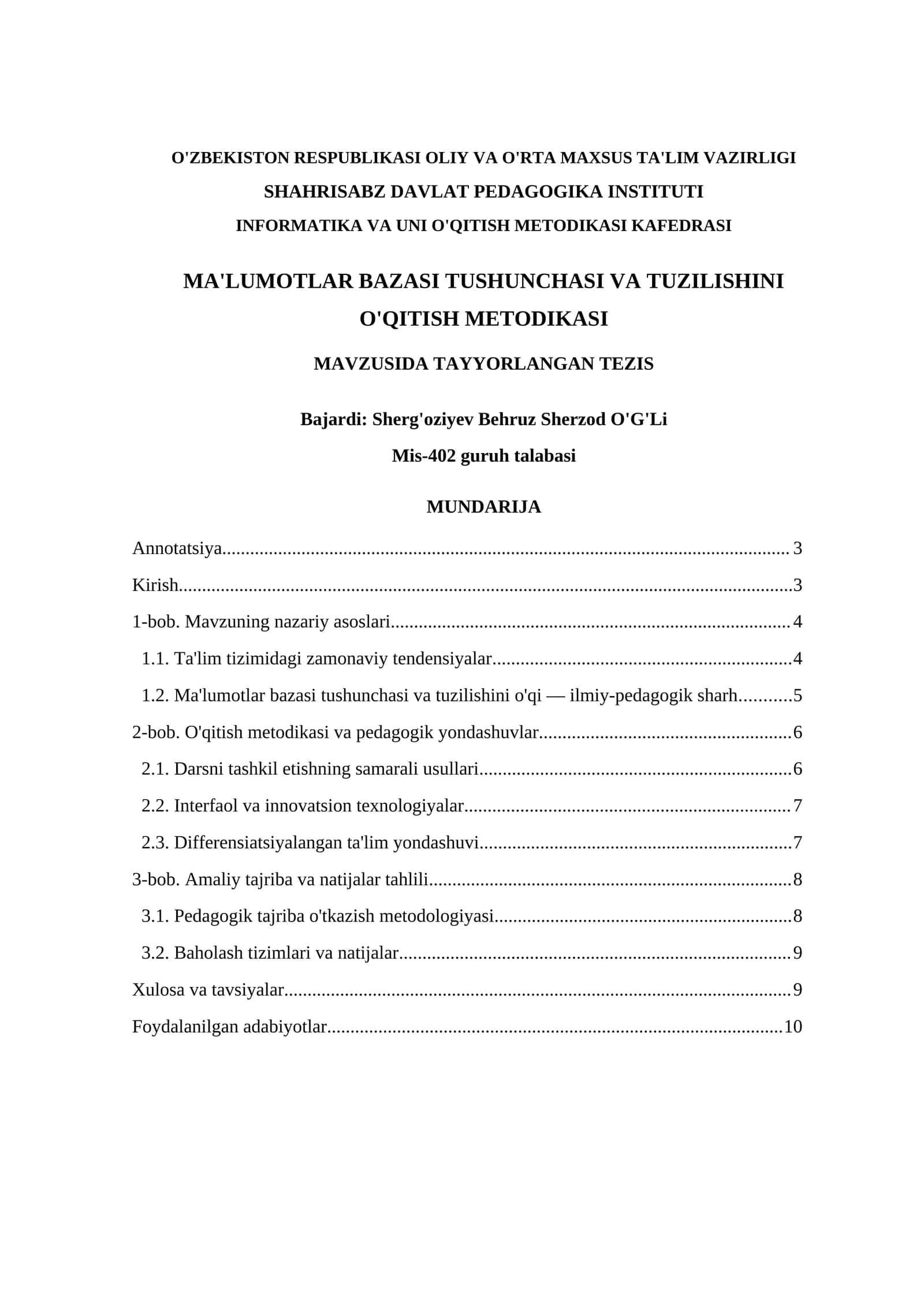 MA'LUMOTLAR BAZASI TUSHUNCHASI VA TUZILISHINI O'QITISH METODIKASI