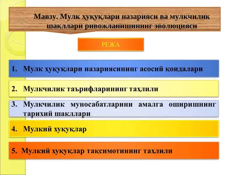 Мулк ҳуқуқлари назарияси ва мулкчилик шакллари ривожланишининг эволюцияси