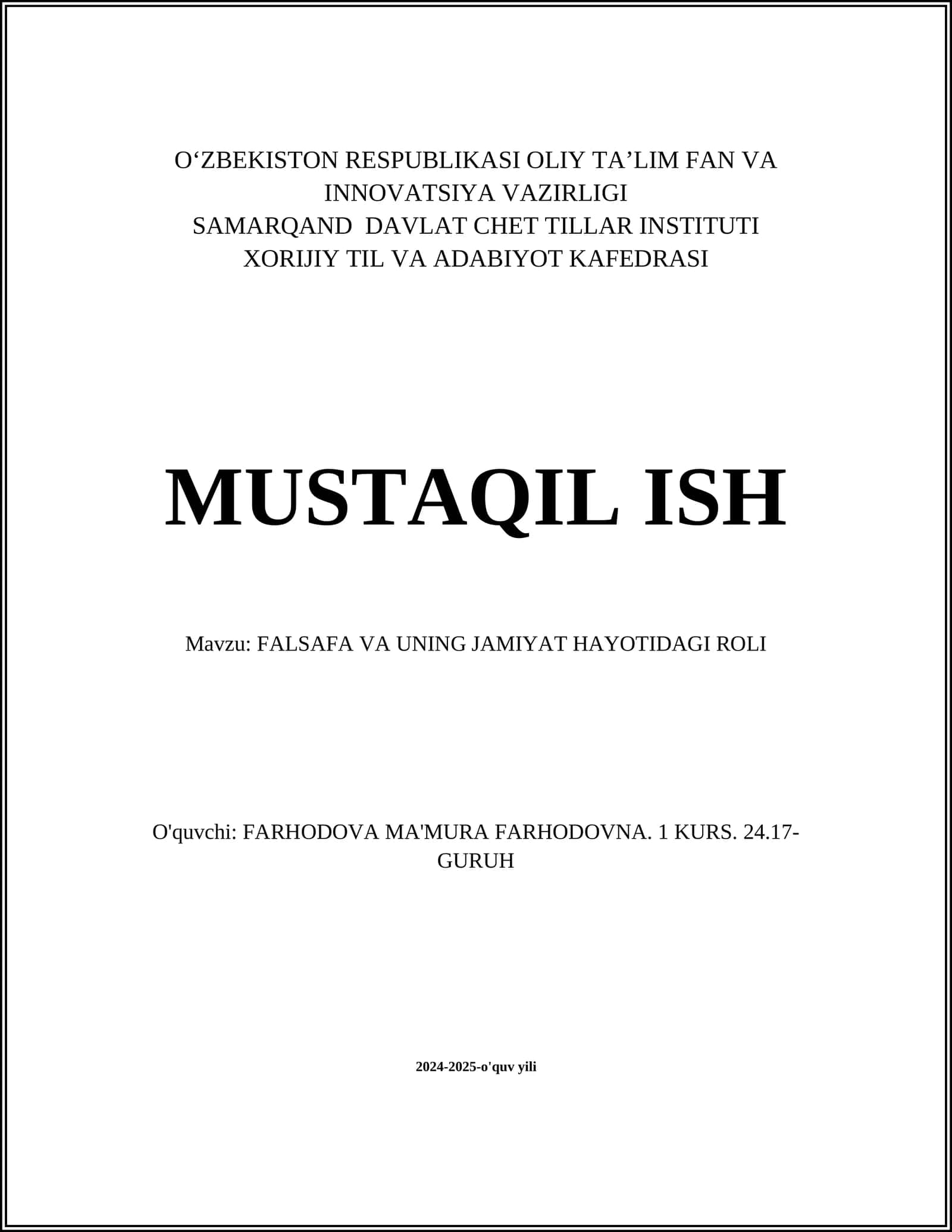 FALSAFA VA UNING JAMIYAT HAYOTIDAGI ROLI