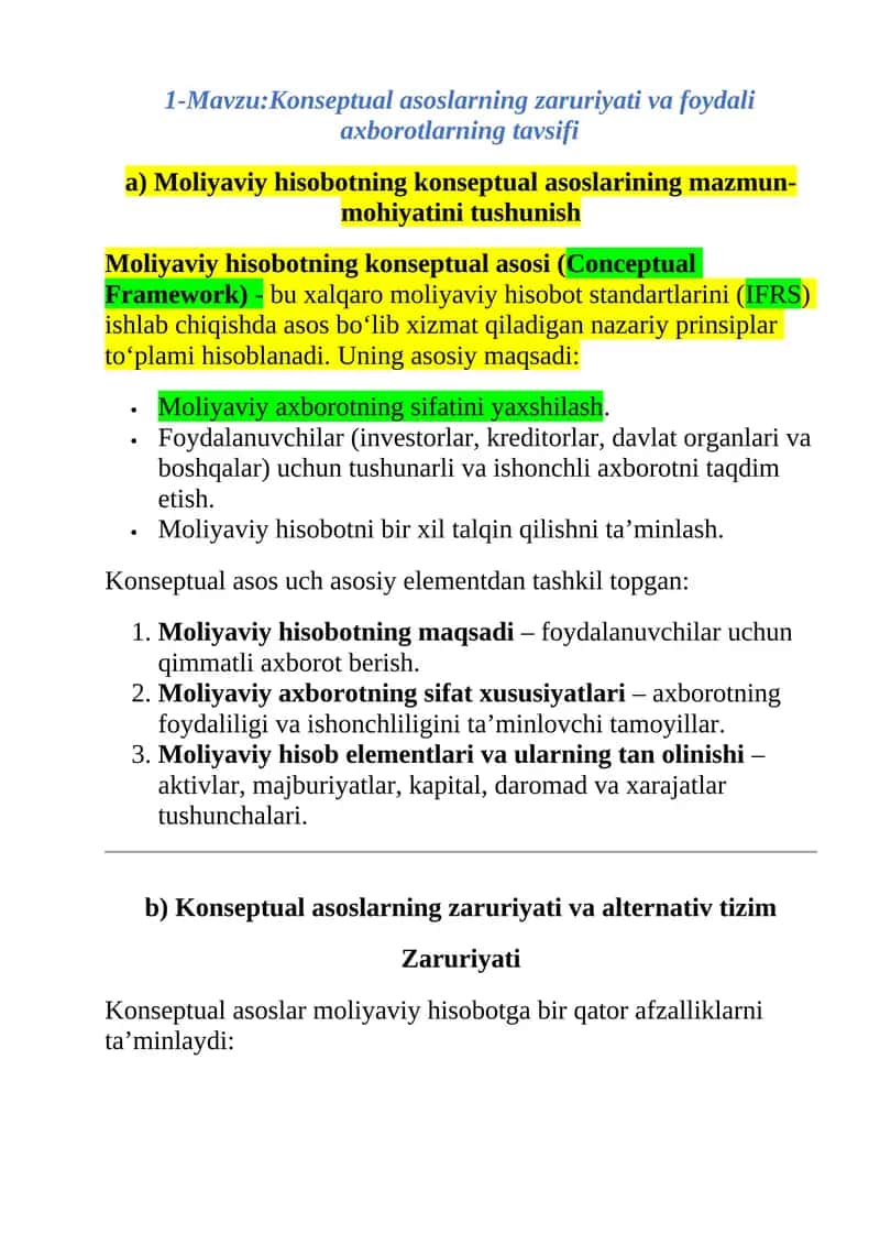 Konseptual asoslarning zaruriyati va foydali axborotlarning tavsifi