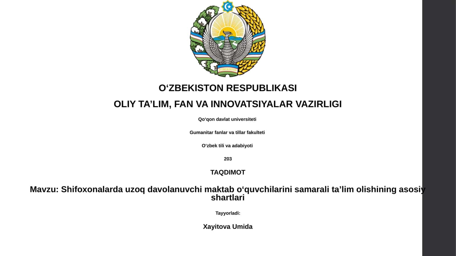 Shifoxonalarda uzoq davolanuvchi maktab oʻquvchilarini samarali taʼlim olishining asosiy shartlari
