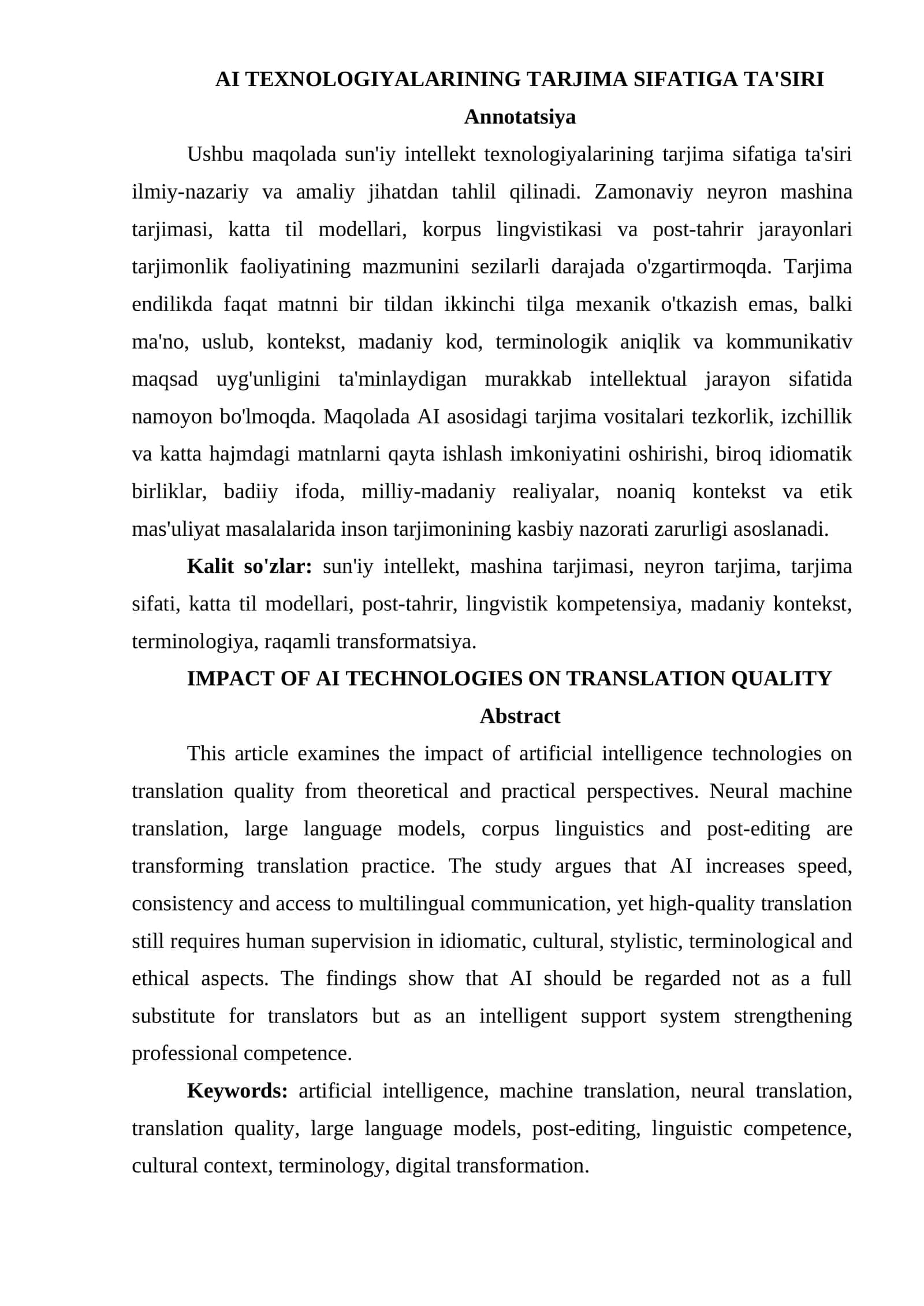 AI TEXNOLOGIYALARINING TARJIMA SIFATIGA TA'SIRI