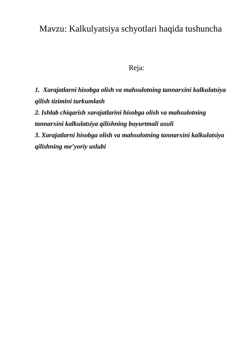 Mahsulotlarni Kalkulyatsiya Qilish