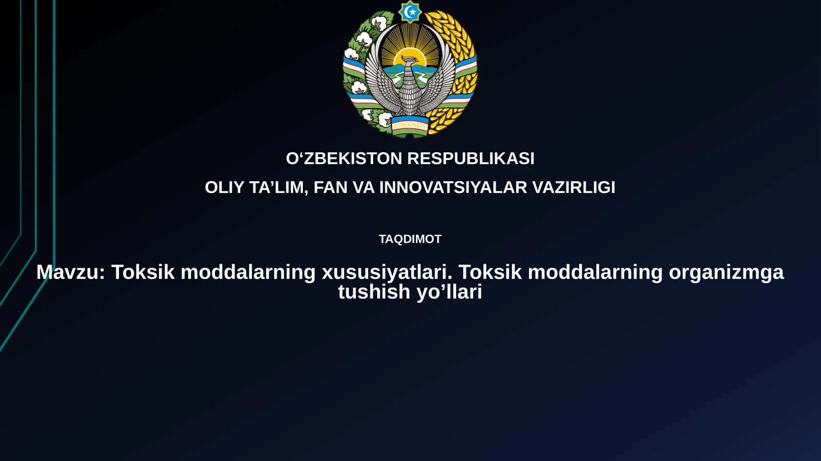 Toksik moddalarning xususiyatlari.Toksik moddalarning organizmgatushishyo’llari