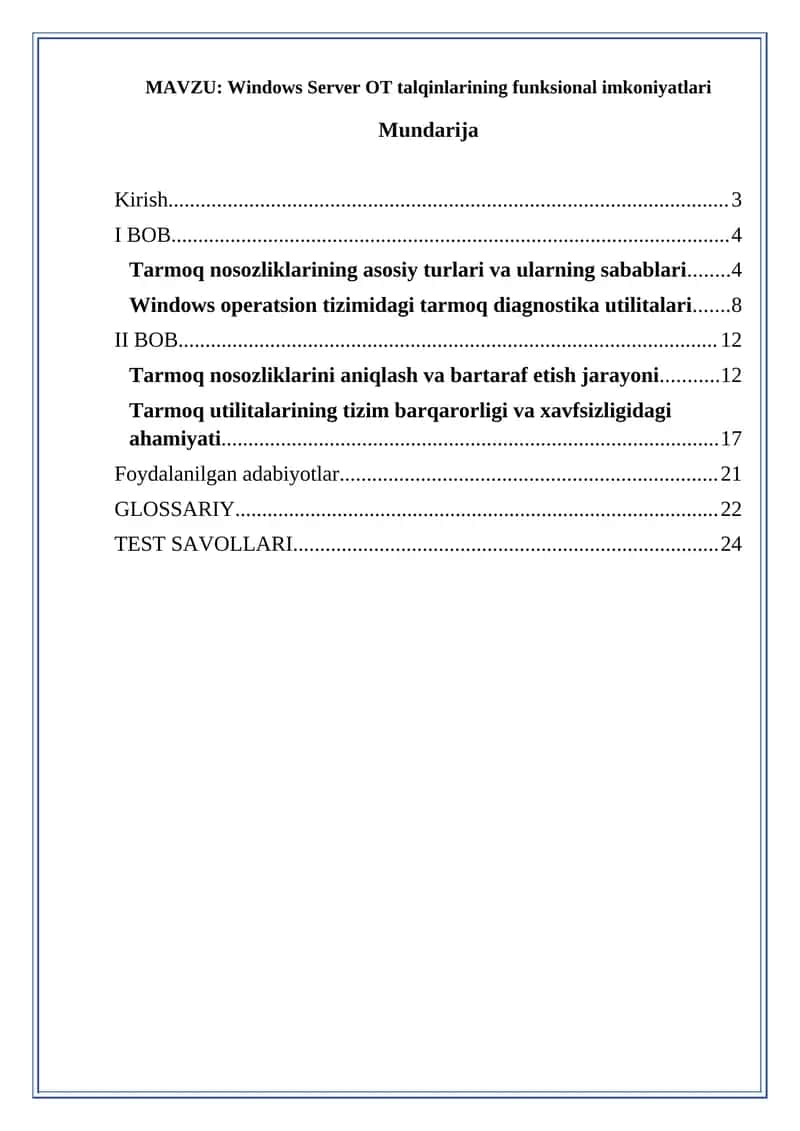 Windows Server OT talqinlarining funksional imkoniyatlari
