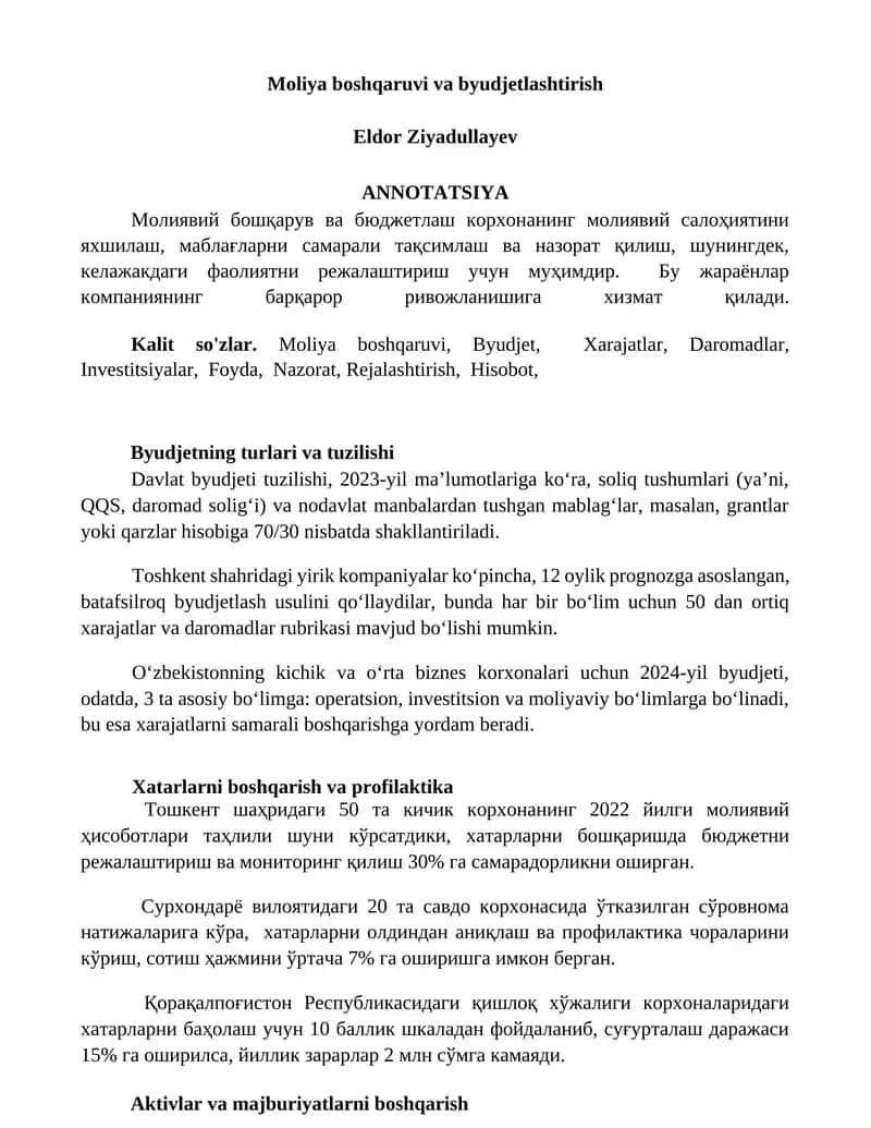 Moliya boshqaruvi va byudjetlashtirish