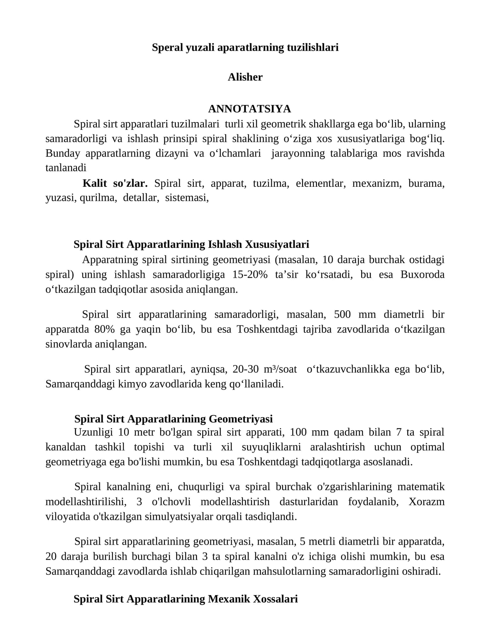 Spiral Sirt Apparatlarining Ishlash Xususiyatlari