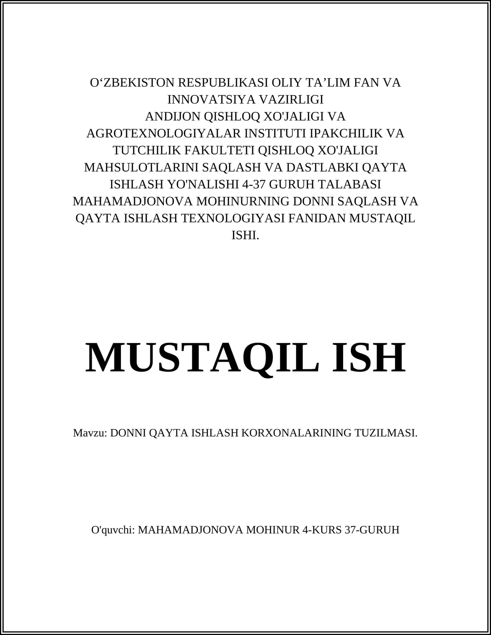 DONNI QAYTA ISHLASH KORXONALARINING TUZILMASI