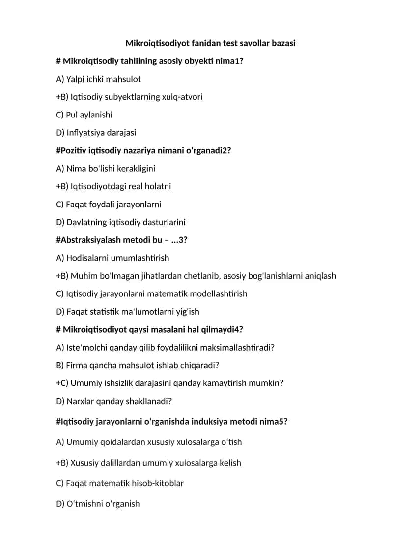 Mikroiqtisodiyot fanidan test savollar bazasi