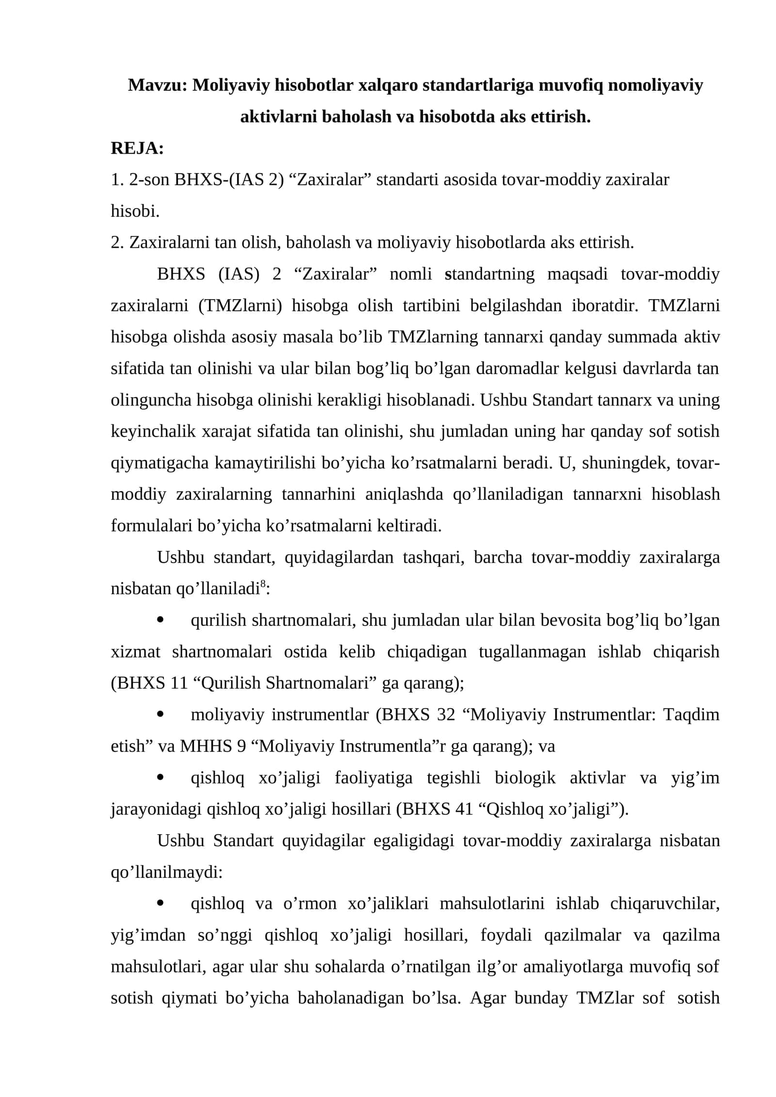 Moliyaviy hisobotlar xalqaro standartlariga muvofiq nomoliyaviy aktivlarni baholash va hisobotda aks ettirish