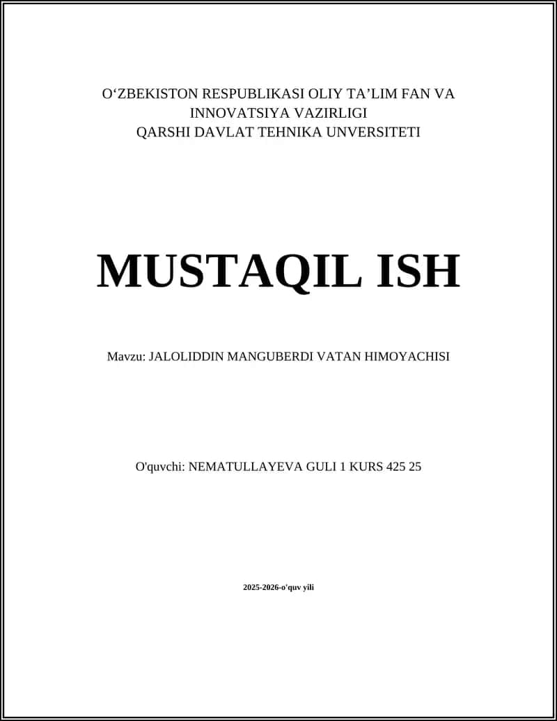 JALOLIDDIN MANGUBERDI VATAN HIMOYACHISI