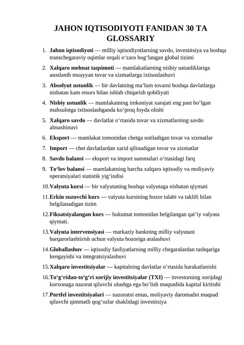 Jahon iqtisodiyoti fanidan 30 ta glossariy