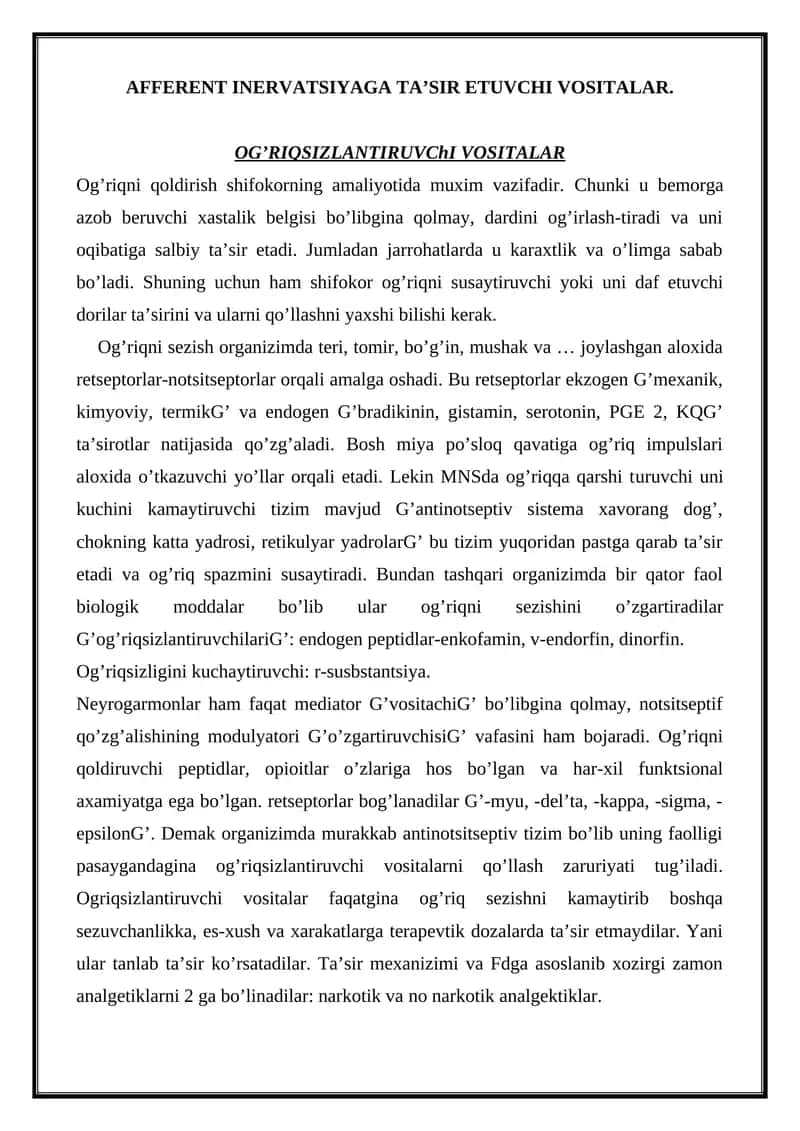 AFFERENT INERVATSIYAGA TA’SIR ETUVCHI VOSITALAR.