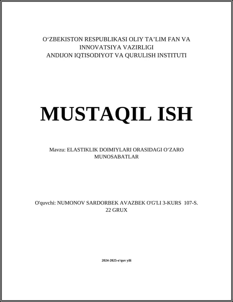 ELASTIKLIK DOIMIYLARI ORASIDAGI OʻZARO MUNOSABATLAR