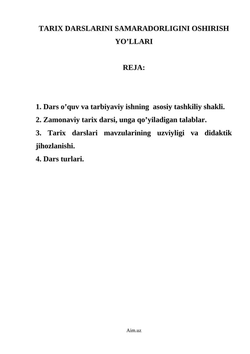 TARIX DARSLARINI SAMARADORLIGINI OSHIRISH YO’LLARI