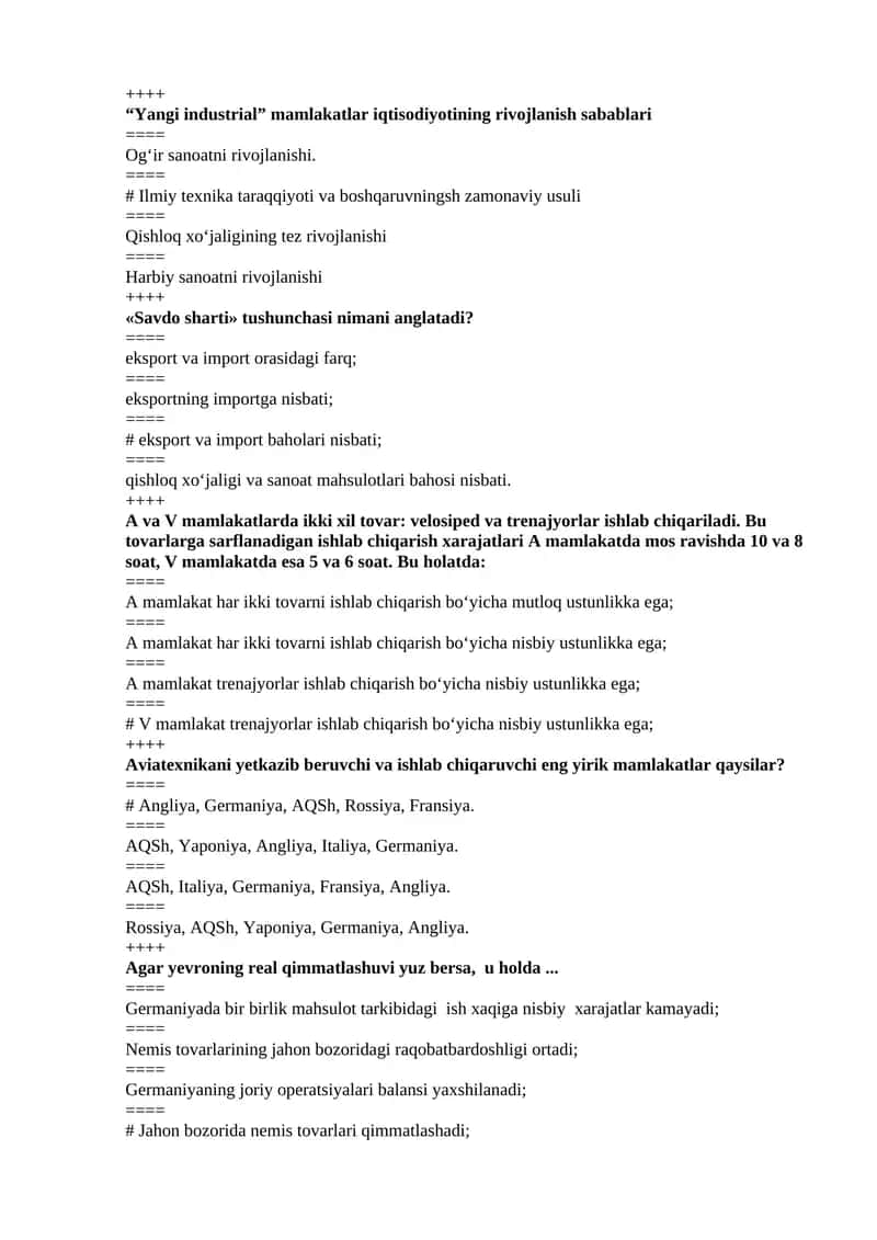 Jahon Iqtisodiyoti va Xalqaro iqtisodiy munosabatlar fanidan yakuniy nazorat uchun test javoblari