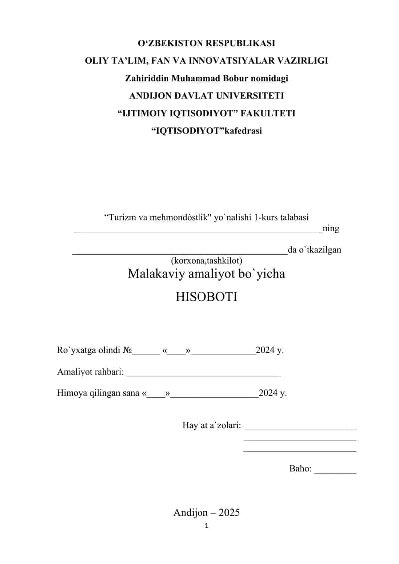 Malakaviy amaliyot bo`yicha hisobot