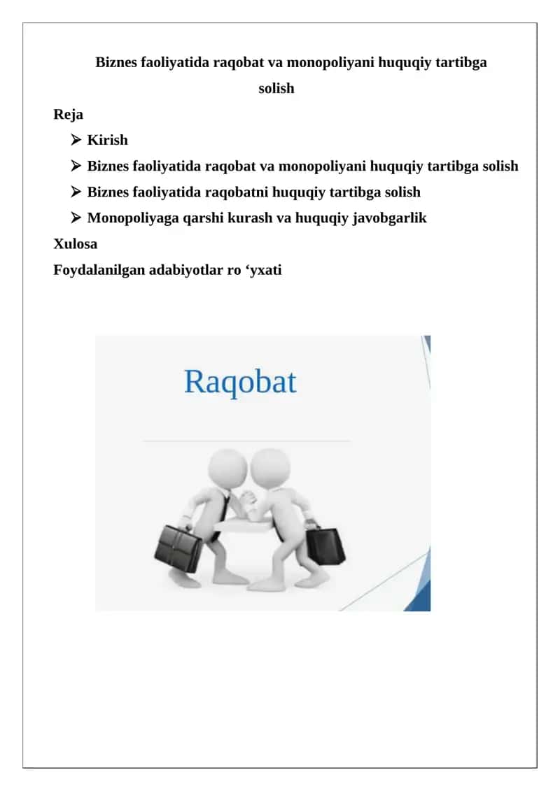 Biznes faoliyatida raqobat va monopoliyani huquqiy tartibga solish