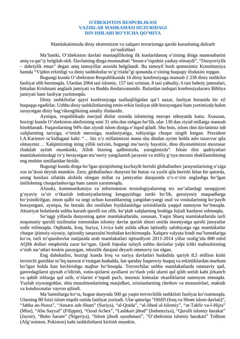 O'ZBEKISTON RESPUBLIKASI VAZIRLAR MAHKAMASI HUZURIDAGI DIN ISHLARI BO'YICHA QO'MITA