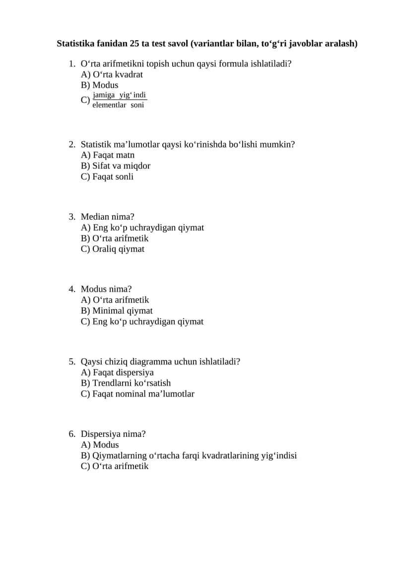 Statistika fanidan test savollari