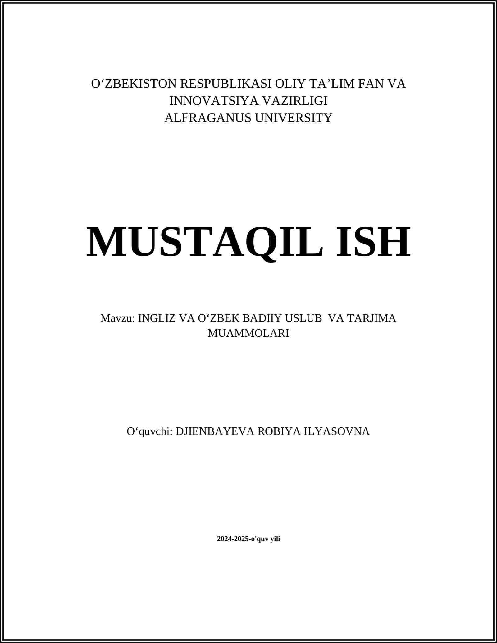 INGLIZ VA O‘ZBEK BADIIY USLUB VA TARJIMA MUAMMOLARI