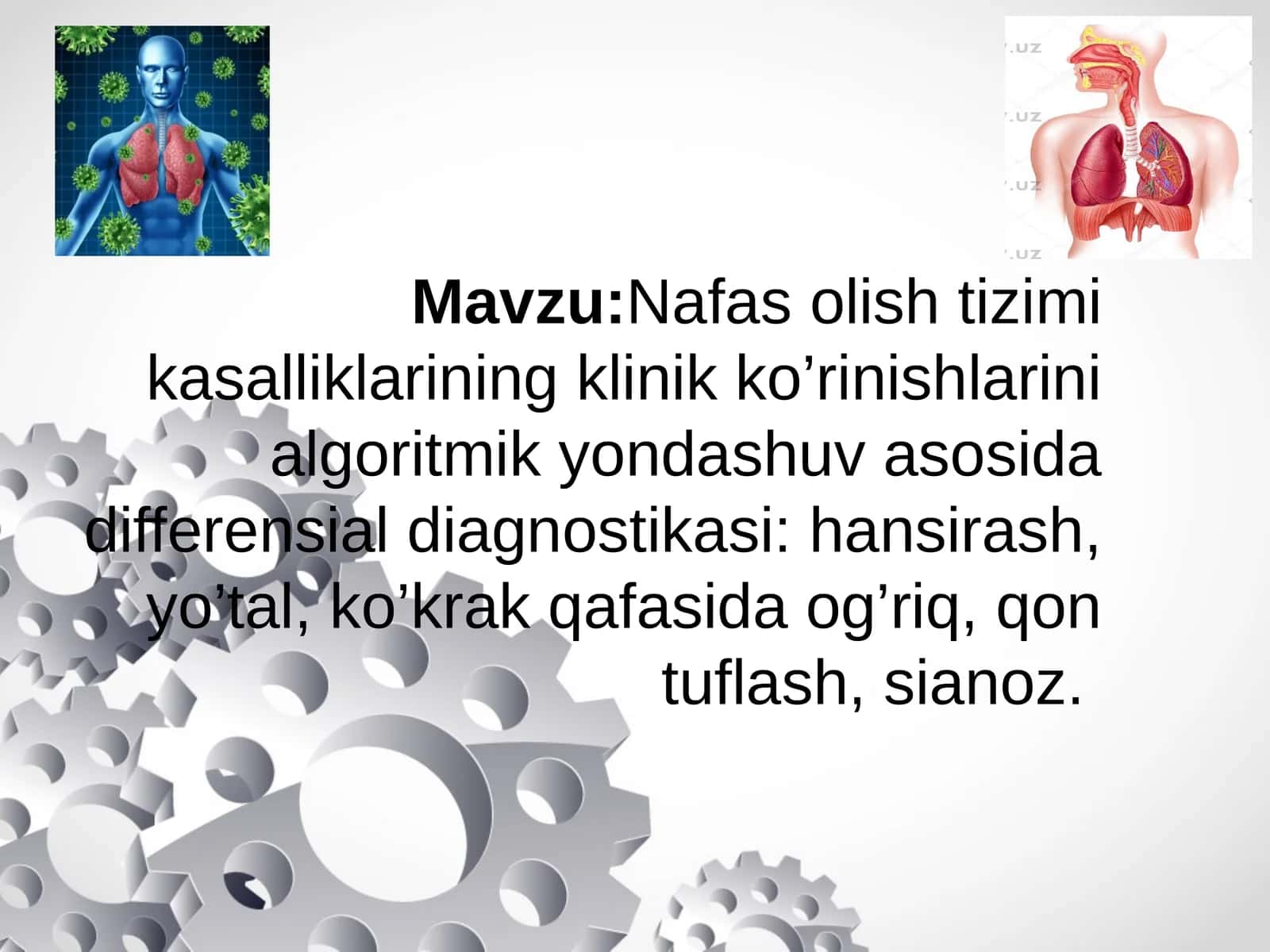 Nafas olish tizimi kasalliklarining klinik ko’rinishlarini algoritmik yondashuv asosida differensial diagnostikasi: hansirash, yo’tal, ko’krak qafasida og’riq, qon tuflash, sianoz