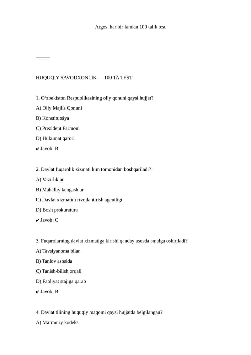 Argos test Huquqiy savodxonlik bo'yicha 100ta 2025 yil