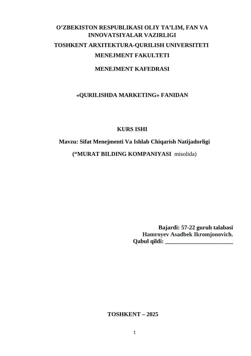 Kurs Ishi: Qurilishda Xaridorlarning Motivatsion Tahlil qilinishi