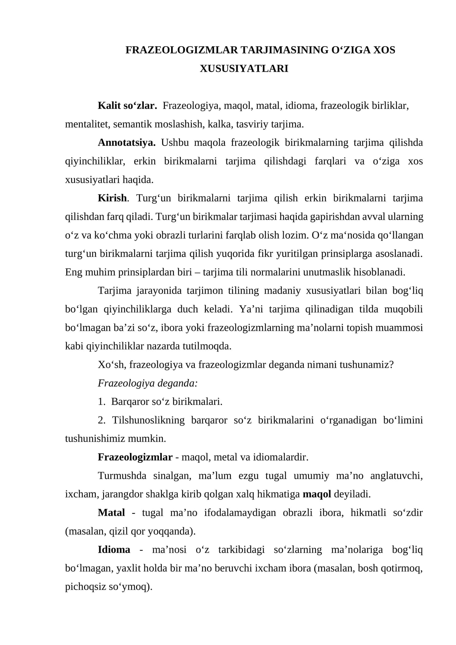 MAQOLA Frazeologizmlar tarjimasining o‘ziga xos xususiyatlari