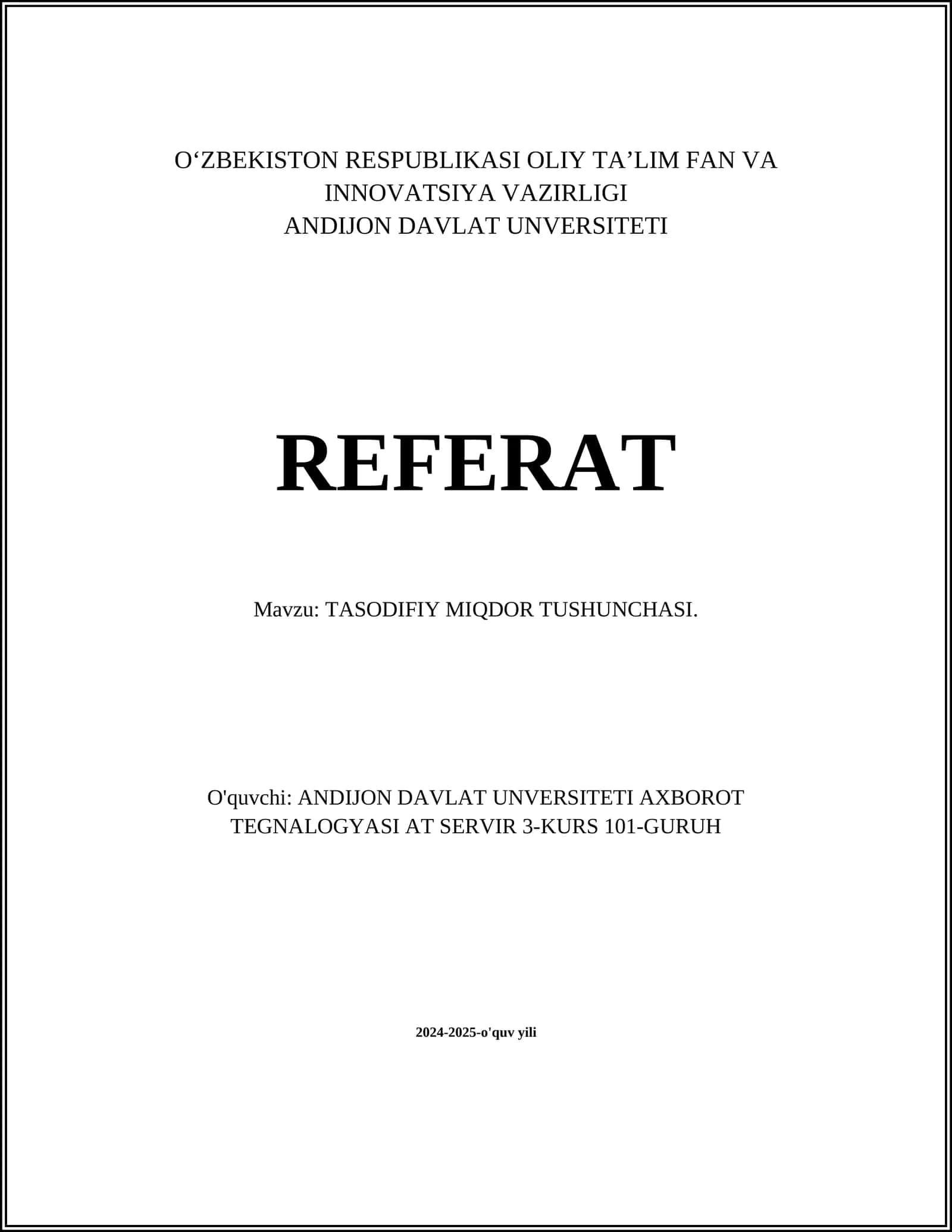 TASODIFIY MIQDOR TUSHUNCHASI