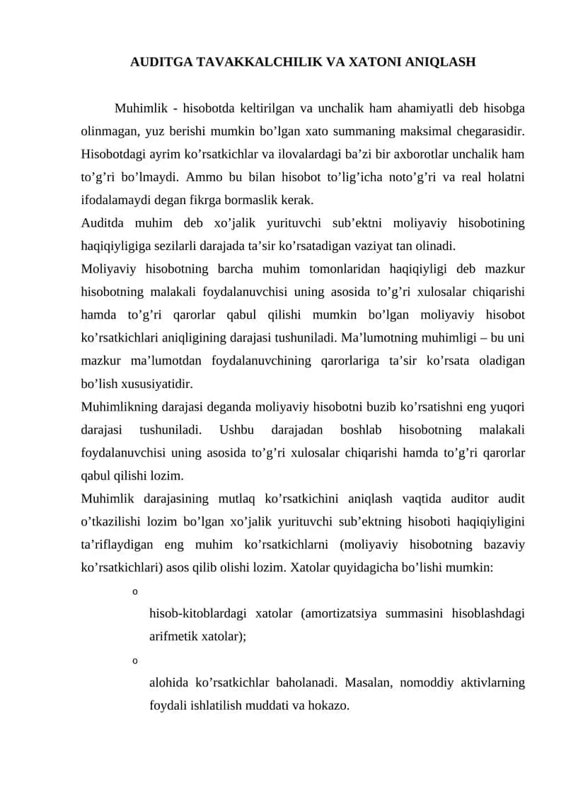 AUDITGA TAVAKKALCHILIK VA XATONI ANIQLASH