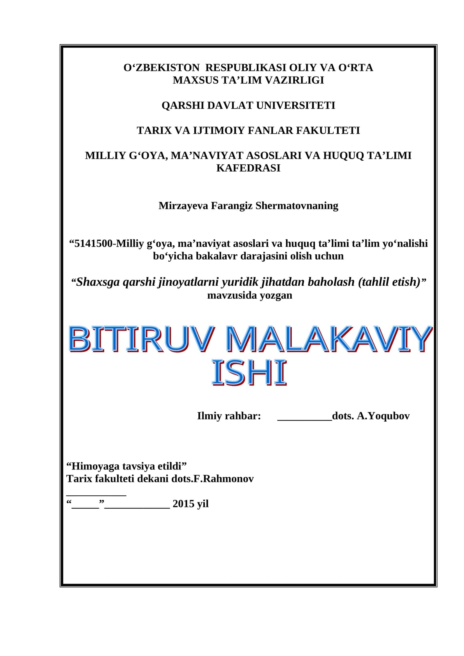 Shaxsga qarshi jinoyatlarni yuridik jihatdan baholash (tahlil etish)