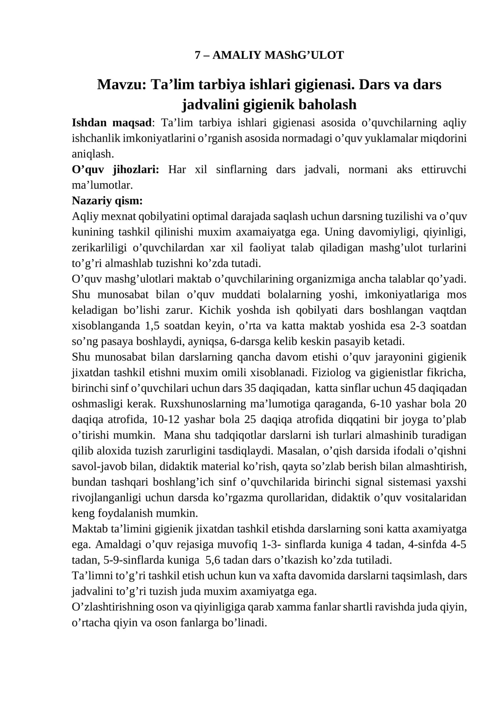 Ta’lim tarbiya ishlari gigienasi. Dars va dars jadvalini gigienik baholash