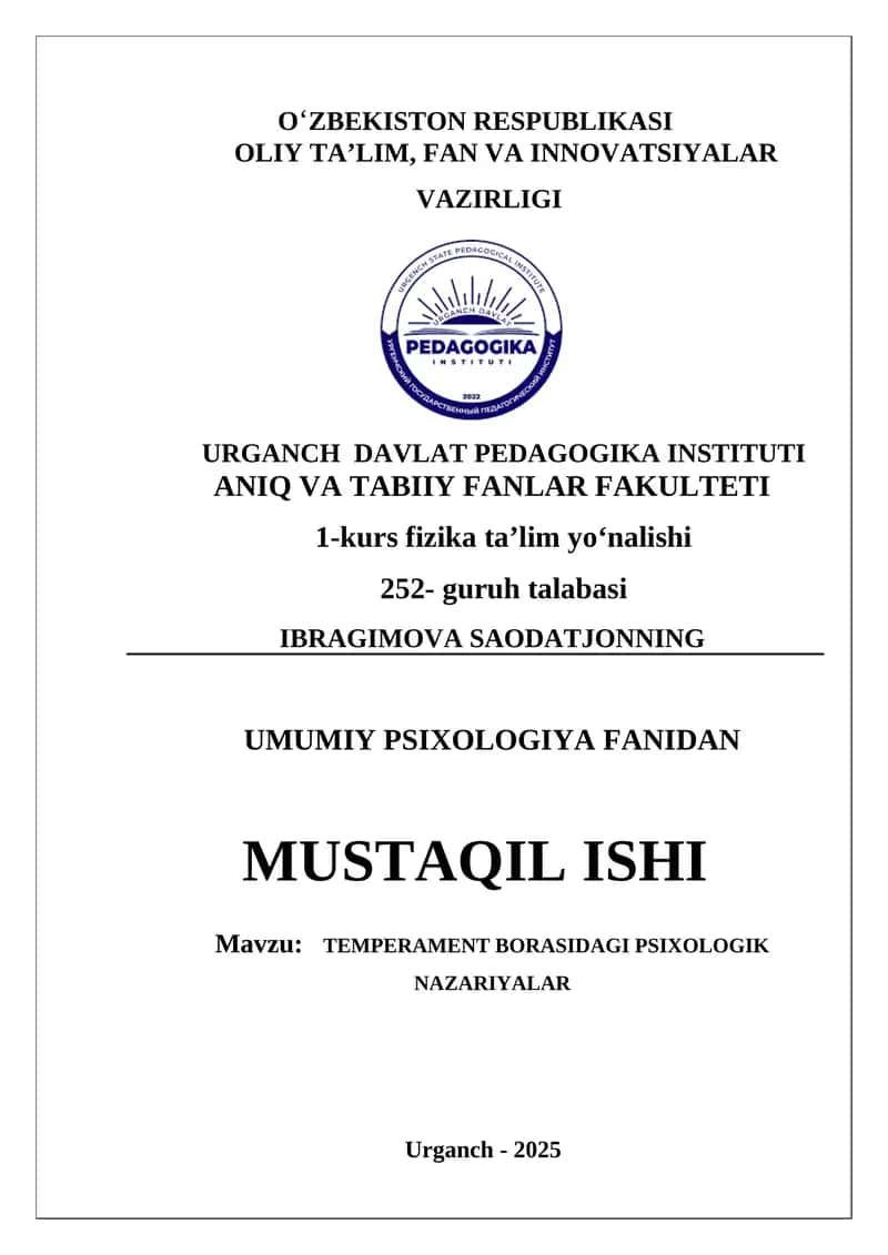 TEMPERAMENT BORASIDAGI PSIXOLOGIK NAZARIYALAR
