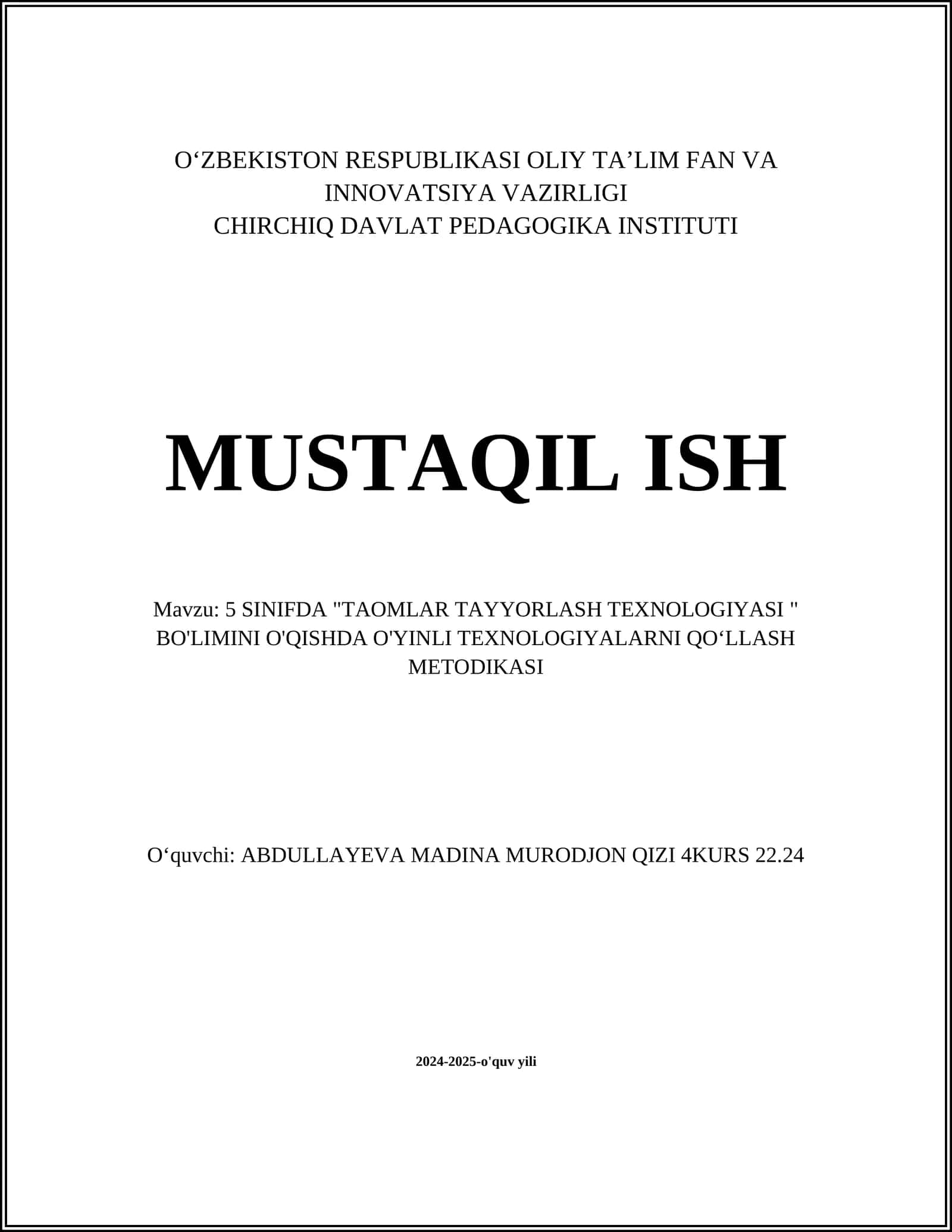 "TAOMLAR TAYYORLASH TEXNOLOGIYASI " BO'LIMINI O'QISHDA O'YINLI TEXNOLOGIYALARNI QOʻLLASH METODIKASI"