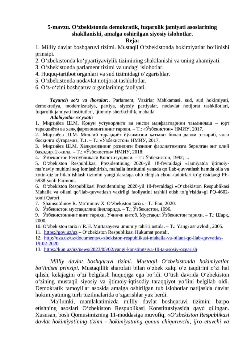 O‘zbekistonda demokratik, fuqarolik jamiyati asoslarining shakllanishi, amalga oshirilgan siyosiy islohotlar.