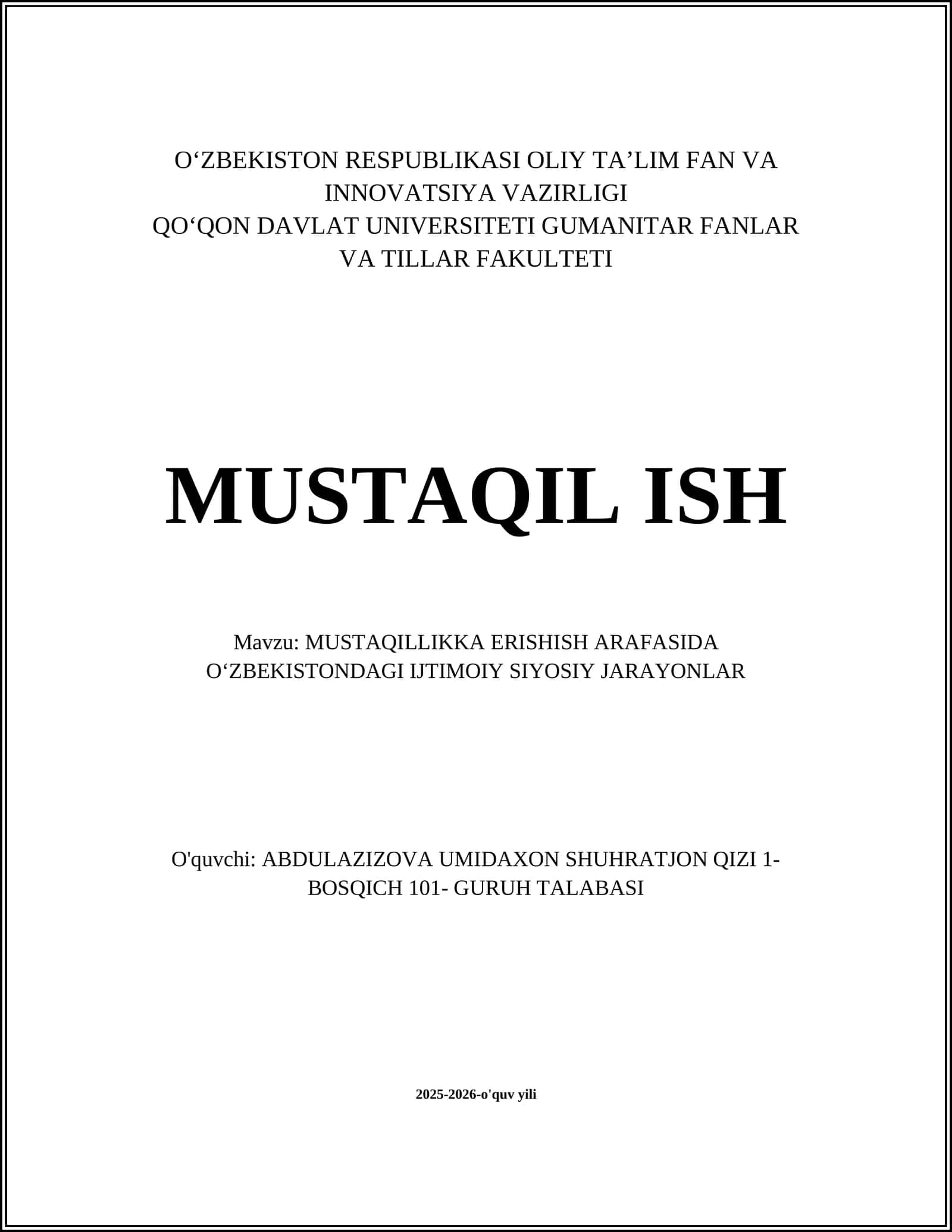 Yuklash Mavzusida Mustaqil Ish
