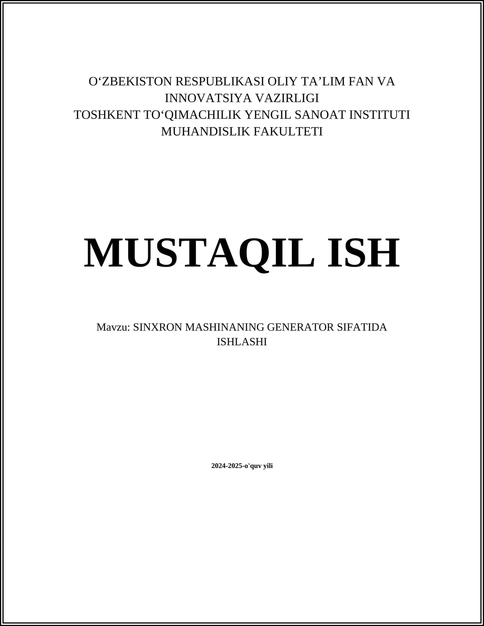 SINXRON MASHINANING GENERATOR SIFATIDA ISHLASHI