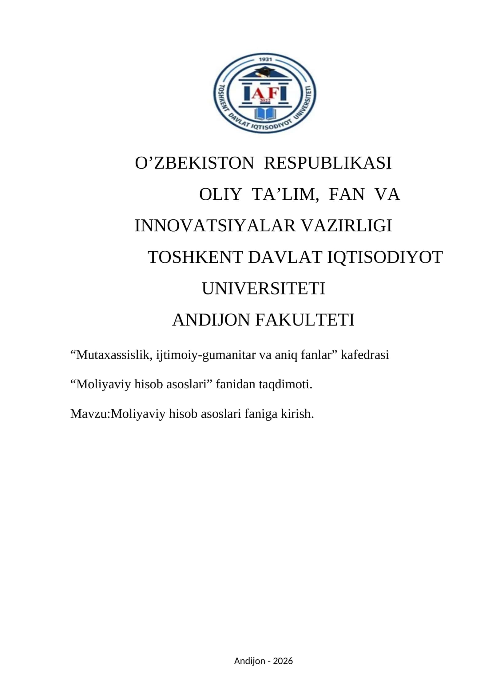 Moliyaviy hisob asoslari faniga kirish.
