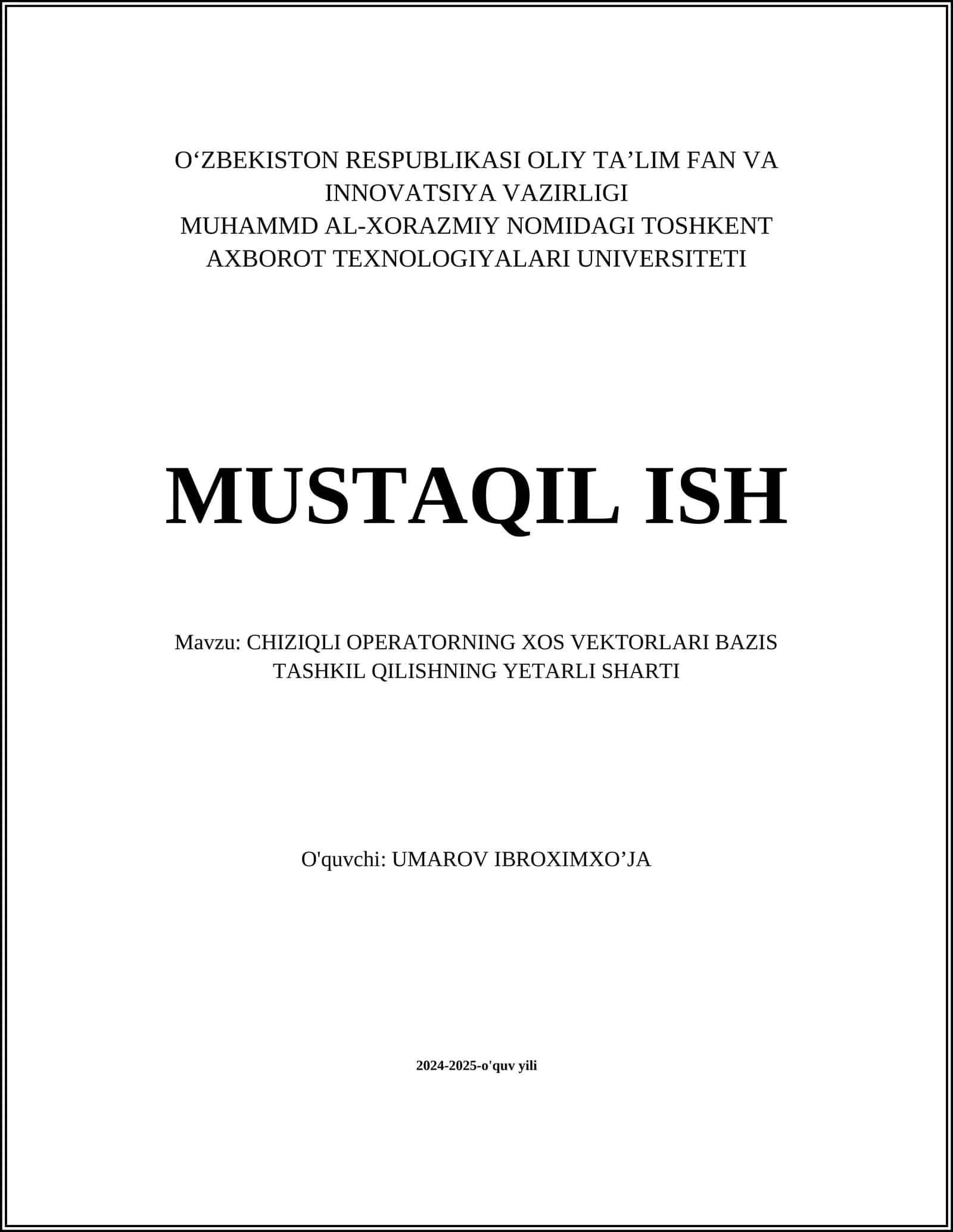 CHIZIQLI OPERATORNING XOS VEKTORLARI BAZIS TASHKIL QILISHNING YETARLI SHARTI
